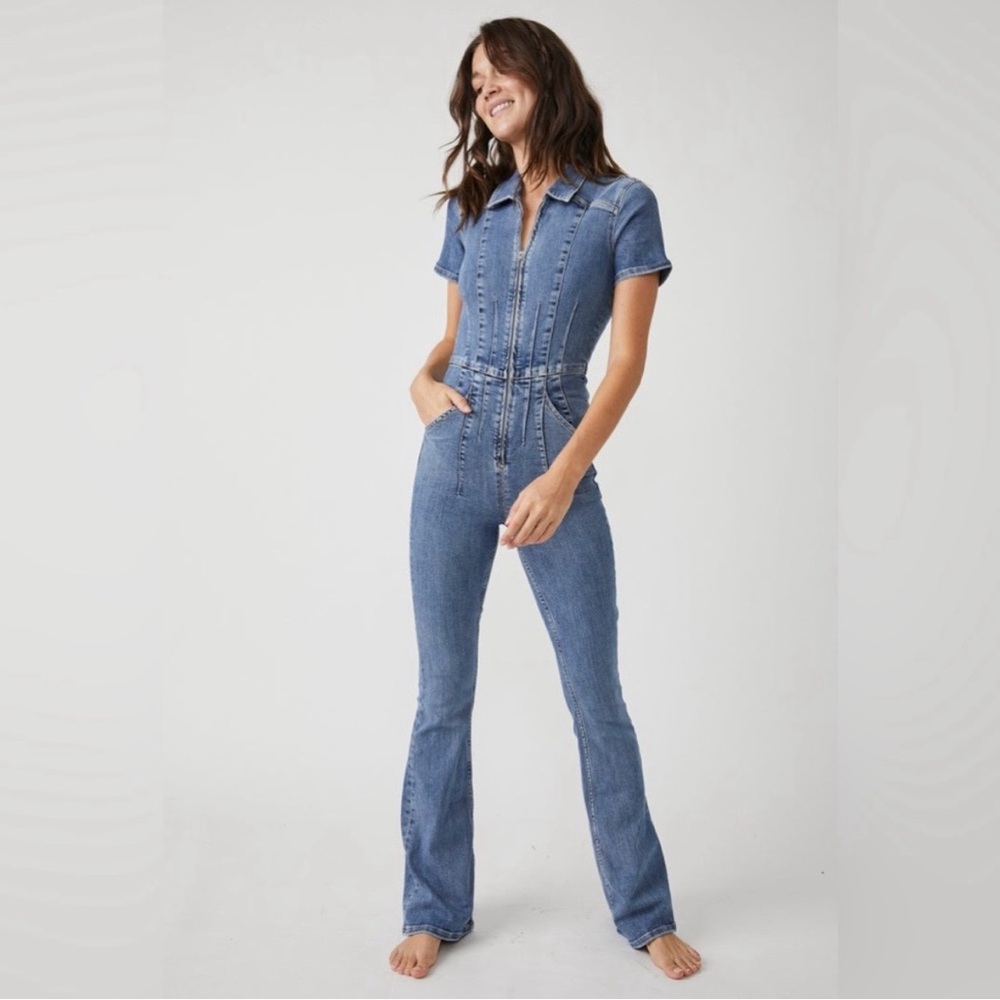 Free People Blue Short-Sleeve Denim Jumpsuit